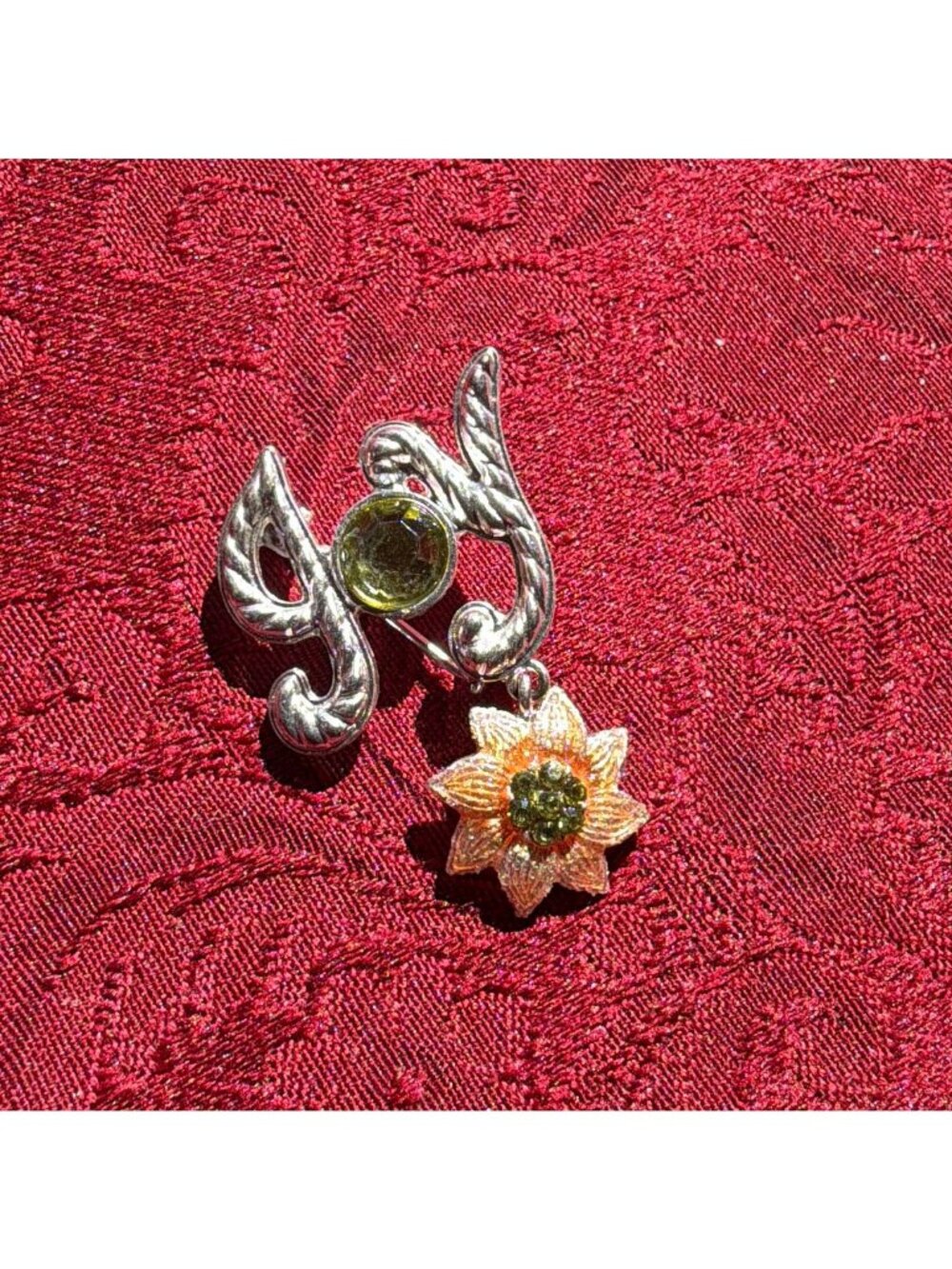 Vintage Christopher Radko Joy Brooch Pin Silver Tone Xmas Green Crystal Dangle